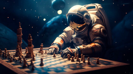 
an astronaut in space playing chess , space background - obrazy, fototapety, plakaty