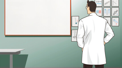 The picture shows a doctor wearing a white lab coat, standing in front of a wall or bulletin board.

