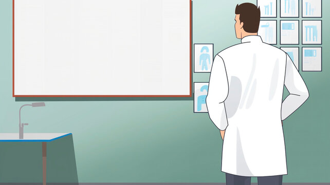 The picture shows a doctor wearing a white lab coat, standing in front of a wall or bulletin board.

