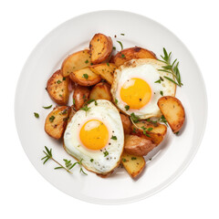 Delicious Plate of Fried Eggs and Has Brown Potatoes Isolated on a Transparent Background.