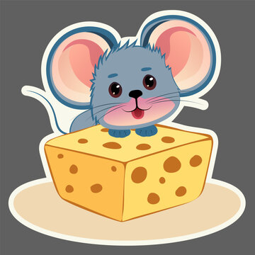 Cute blue-gray mouse with big cheese, kawaii style, hand drawn style, cartoon character. Perfect for stickers or childrens book illustration. Vector graphic EPS10