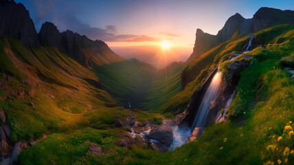 The waterfalls and mountains in a valley set against sunset 