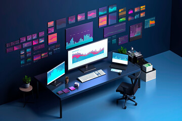 Fototapeta premium Generative AI illustration of isometric Workspace with table, chair, laptop and company charts