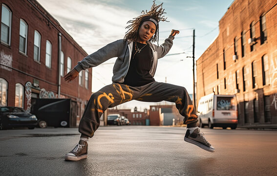 Teenage Girl Breakdancing On A City Street.