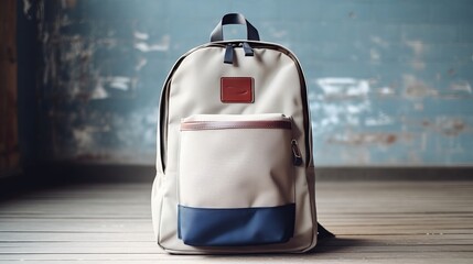 School backpack for colorful school supplies and things. plain background with space for text, horizontal image, generative AI