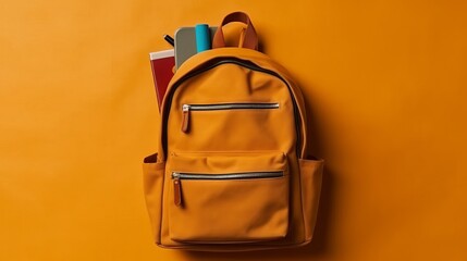 School backpack for colorful school supplies and things. plain background with space for text, horizontal image, generative AI