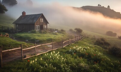  a house on a hill with a fence and flowers in the foreground and fog in the background, with the sun shining through the clouds.  generative ai