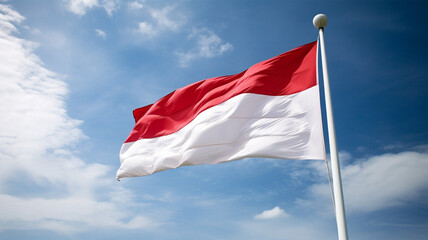 red and white Indonesian flag waving at the blue sky generative ai