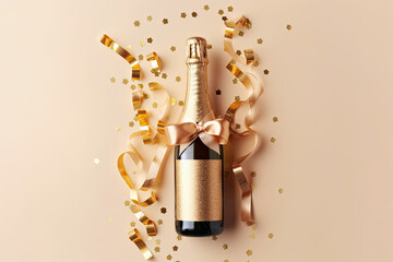 champagne bottle with golden confetti on brown background