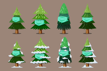 Obraz premium Vector christmas tree isolated with face mask and snow on the leaves on brown Background.