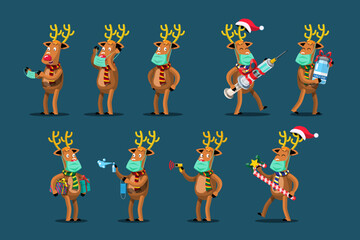 Fototapeta premium Vector isolated reindeer character with face mask and coronavirus vaccine in hands.