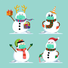 Snowman character with masks in various poses and emotions