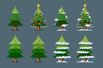 Vector christmas tree isolated with lightbulb, stars and balls, snow on the leaves on White Background.