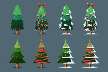 Vector christmas tree isolated with lightbulb, stars and balls, snow on the leaves on White Background.