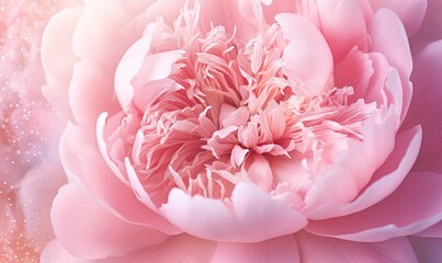 Obraz premium a large pink flower is in the middle of a blurry background with stars and sparkles in the sky behind it is a pink and white peony flower. generative ai