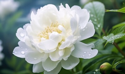  a white flower with water droplets on it's petals and leaves in the foreground, with green leaves in the background, and a blue sky in the background.  generative ai