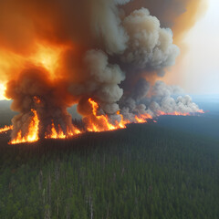 Massive forest fire, strong flames, forest fires with a lot of smoke and fire. A wildfire, forest fire, bushfire, wildland fire is an uncontrolled and unpredictable fire. generative AI