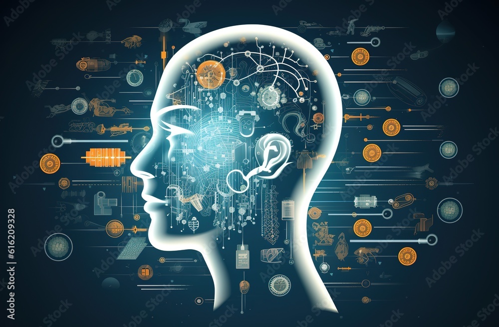 Poster human big data visualization. futuristic artificial intelligence concept. aesthetic cyber mind desig