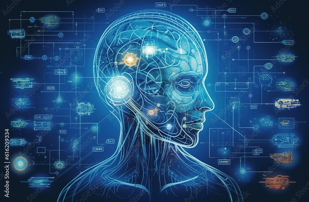 Poster human big data visualization. futuristic artificial intelligence concept. aesthetic cyber mind desig