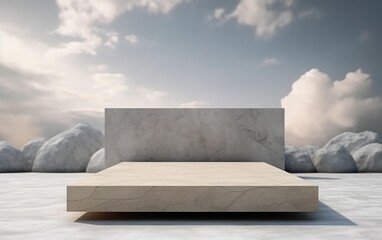 Empty mockup scene of rectangle podium for product template, sky and clouds background, gray stones, 3d rendering