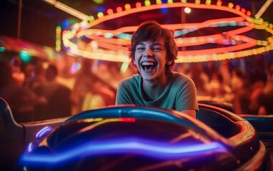 Fototapeta na wymiar A happy teenager boy laughs and has fun on a bumper car