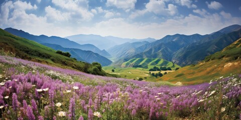 Plakat Experience the tranquil abundance of the Valley of Flowers National Park, where an endless sea of blossoms stretches as far as the eye can see Generative Ai Digital Illustration