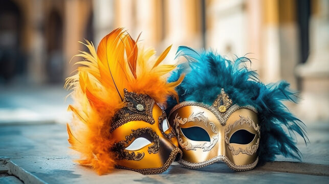 Carnival Party. Venetian mask banner on white background. AI generative