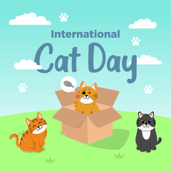 Vector Cute International Cat Day Flat Hand Drawn theme Cat Playing in the Park Illustration