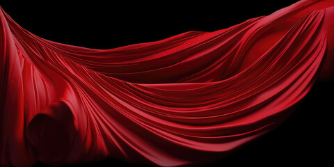 Red drape falling like wings isolated on flat black background. A beautiful red fabric with pleats floats in the air. The texture of the burgundy fabric sweeps. Generative AI photo imitation. 