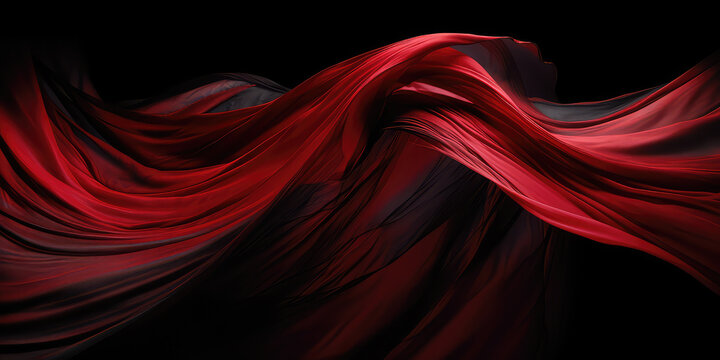 Red drape falling like wings isolated on flat black background. A beautiful red fabric with pleats floats in air. The texture of the burgundy fabric sweeps. Generative AI photo imitation. 