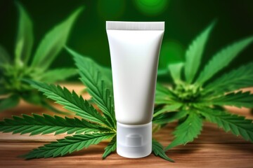 Obraz na płótnie Canvas Cosmetics cannabis oil. Marijuana leaf with one cosmetic lotion tube mockup. AI generative