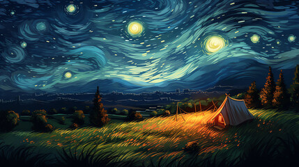 Hand-painted illustration of van Gogh's camping tent under the beautiful starry sky	
