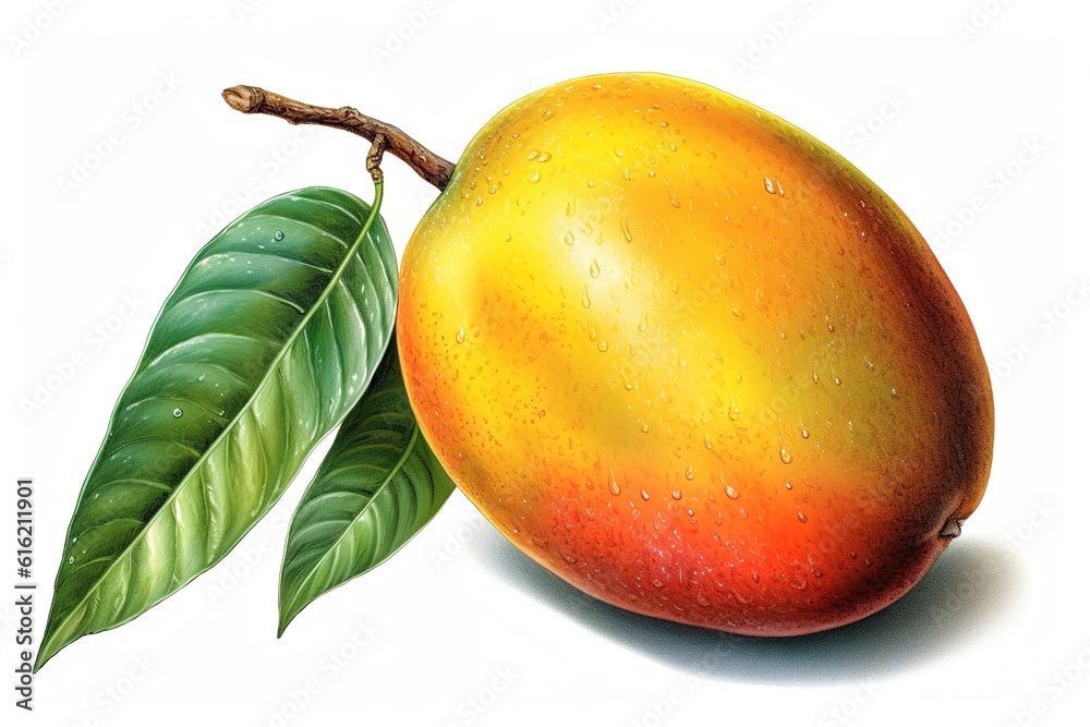 Poster mango with leaves isolated on white background. generated by ai.
