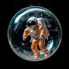Obraz na płótnie Canvas Peaceful galaxy astronaut - man in space suit inside softly glowing pink and blue soap bubble