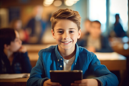 Boy smiles while using tablet in classroom
