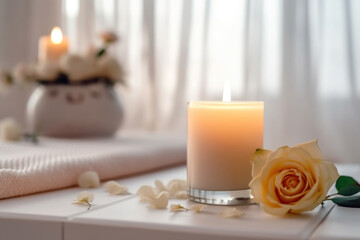 Closeup of scented candle with rose flower on table. AI generative