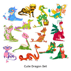 Cute dragons vector set isolated on white background. Fantasy funny creatures, big fairy animals characters mythical reptiles. Bright cartoon collection