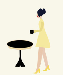 Woman drinking coffee and table