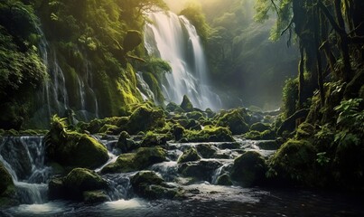  a waterfall in the middle of a forest filled with green mossy rocks and trees, with sunlight streaming through the trees and water cascading.  generative ai
