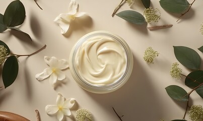  a jar of whipped cream surrounded by flowers and leaves on a white surface with a brown vase of flowers and leaves on the side of the jar.  generative ai