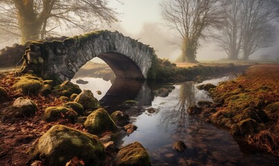  a stone bridge over a small stream in a park with mossy rocks and trees on either side of the stream, and a foggy sky above.  generative ai - obrazy, fototapety, plakaty