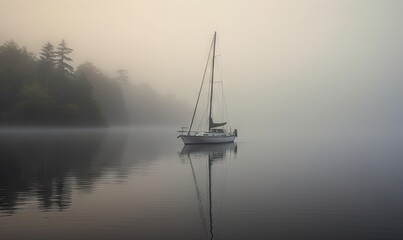  a sailboat in the middle of a lake on a foggy day with trees in the background and a body of water in the foreground.  generative ai