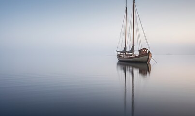  a sailboat floating on a foggy lake with a sky in the background of the photo and the reflection of the sailboat in the water.  generative ai