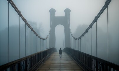  a man walking across a bridge in the foggy weather on a foggy day in the city of london, england, on a foggy day.  generative ai