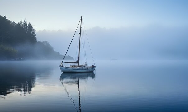  a sailboat floating on a lake in a foggy day with trees in the background and a boat in the foreground with fog in the foreground.  generative ai