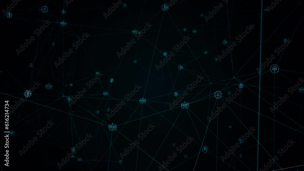 Wall mural motion graphic of blue digital ai icons linked on grid mesh and line connection on futuristic abstra