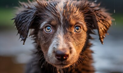 Fototapeta premium a wet brown dog with blue eyes looking at the camera with rain falling on it's head and it's wet fur on its head. generative ai