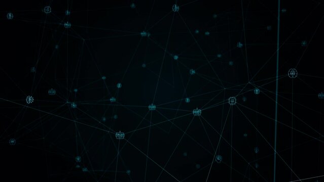 Motion graphic of Blue digital ai icons linked on grid mesh and line connection on futuristic abstract background technology artificial intelligence assistant concept camera zoom seamless loop video