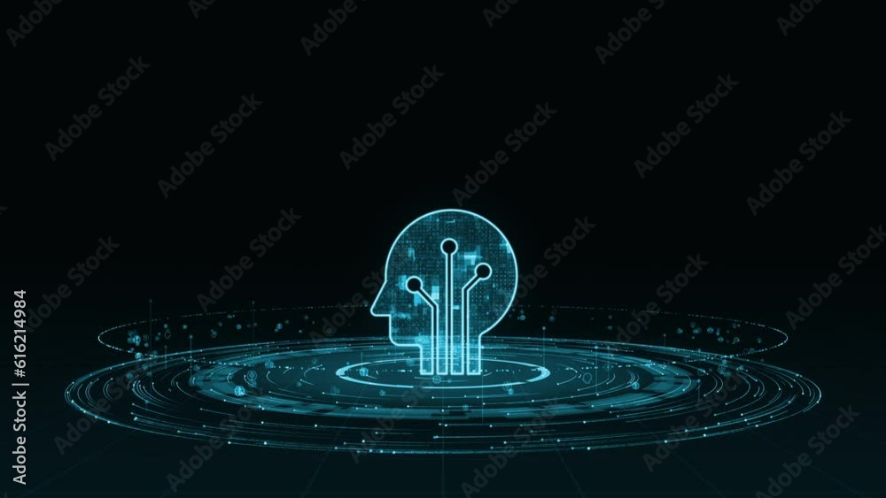 Wall mural motion graphic of blue digital robot logo with particle ring circle rotation and ai technology icon 
