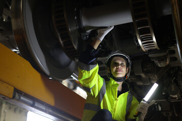 Woman Rail engineer with green safety jacket and white hard hat inspection underbody of train.Female auto mechanic work in rail station. service technician woman check with rails under